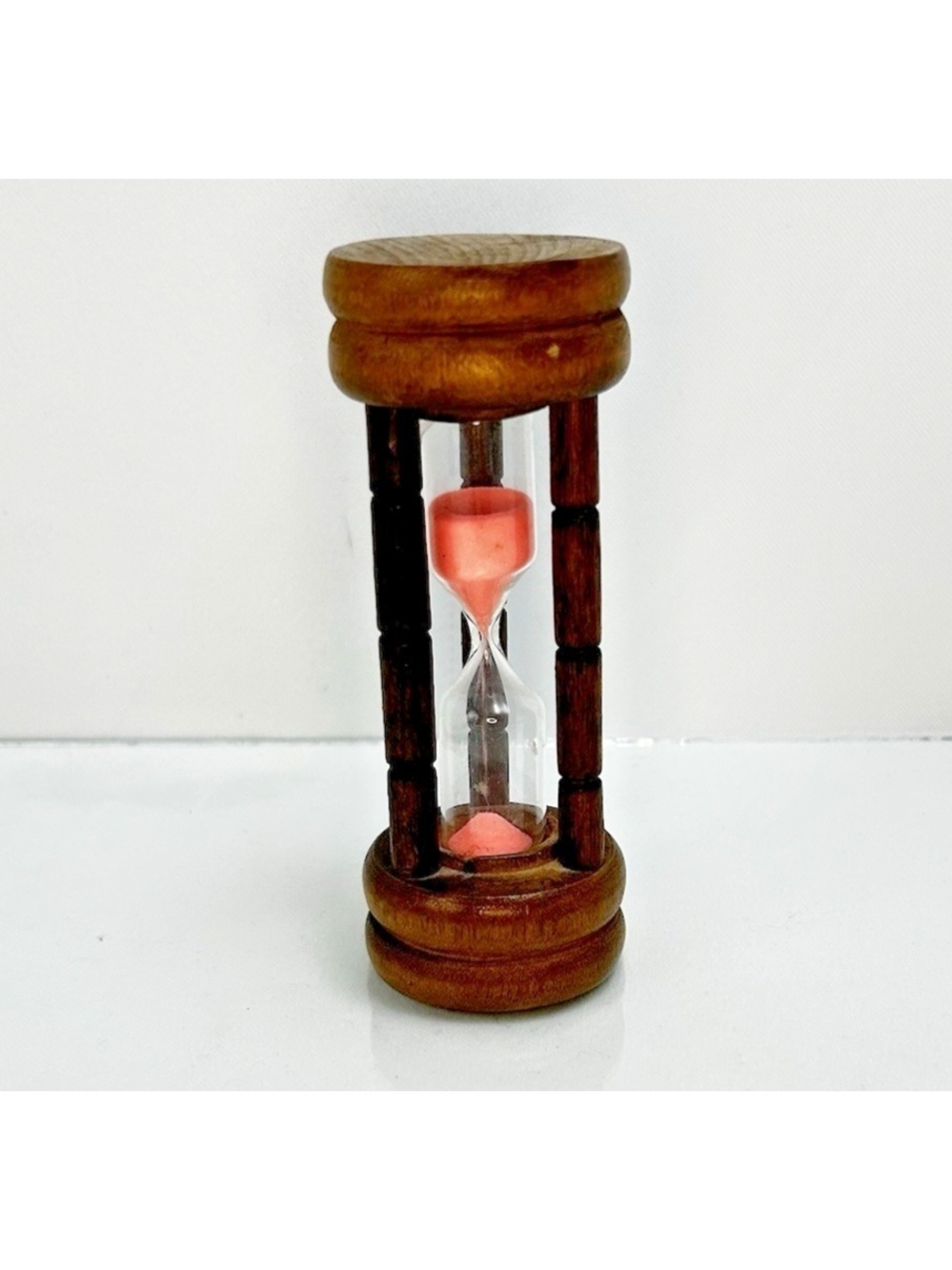 Vintage Wooden Hourglass Glass ~3 Minute Egg Kitchen Timer Pink Sand 4"